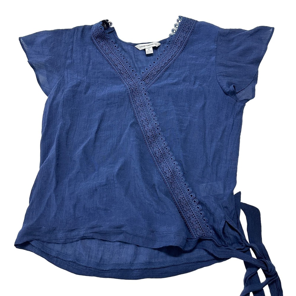 Counterparts Women Boho Top Size M Blue Rayon Poly Blend Short Sleeve Minimalist